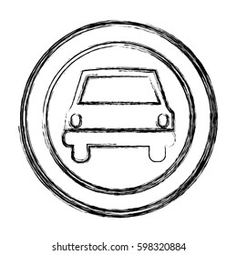 monochrome sketch of circular frame with automobile in front view vector illustration