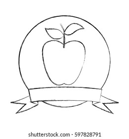 monochrome sketch of circular frame with ribbon and apple fruit vector illustration
