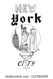 Monochrome Sketch Doodle Logo of New York City. Vector doodle illustration. Hand drawn skyscraper. Picture for design postcard, poster, magazine, book, textile. EPS10.