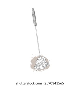 Monochrome sketch of fondue fork with banana and madeleine sponge cake in hot chocolate. Vector engraved illustration. Tasty dessert made of fruits and cookies. Isolated background.