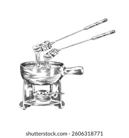 Monochrome sketch of fondue pot with forks holding pieces of loaf with melted cheese. Hand drawn vector illustration. French traditional treat. Vintage engraved style. Isolated background.