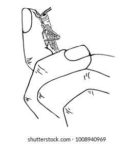 Monochrome sketch of grasshopper on finger, hand drawn stock vector illustration design element