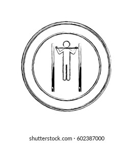 monochrome sketch of gymnastic training in horizontal bar in circular frame vector illustration