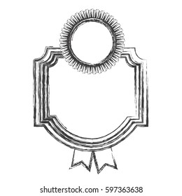 monochrome sketch of heraldic frame with circular emblem and two ribbons vector illustration