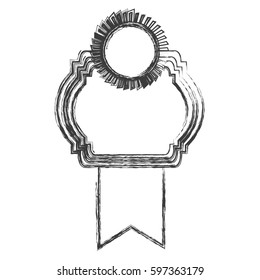 monochrome sketch of heraldic frame with ribbon and circular emblem top side vector illustration