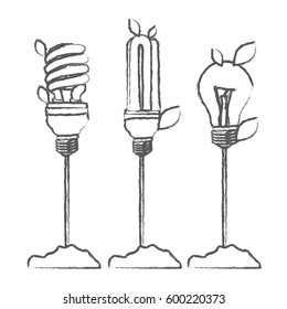 monochrome sketch with Incandescent and fluorescent bulbs with stem and leaves vector illustration