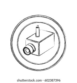 monochrome sketch of interior video security camera in circular frame vector illustration