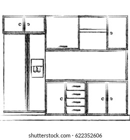 monochrome sketch of kitchen cabinets with fridge vector illustration