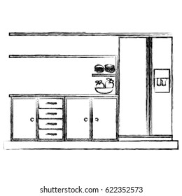 monochrome sketch of lower kitchen cabinets with fridge vector illustration