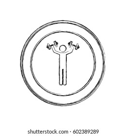 monochrome sketch of man with dumbbell in circular frame vector illustration
