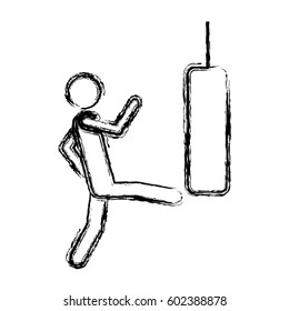 monochrome sketch of man kicking a punching bag vector illustration