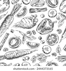 Boceto monocromo de verduras y hierbas mezcladas, incluyendo zanahorias, tomates y pimientos. Ideal para la decoración de la cocina o menús. Juego de Ilustración vectorial.