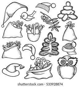Monochrome sketch patch badges of different Merry Christmas attributes. Set of Happy New Year stickers, pins, magnets in cartoon comic style.