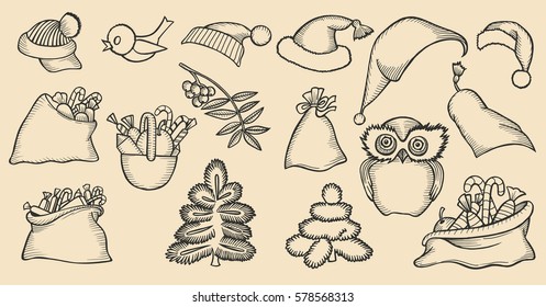 Monochrome sketch patch badges of different Merry Christmas attributes. Set of Happy New Year stickers, pins, magnets in cartoon comic style.