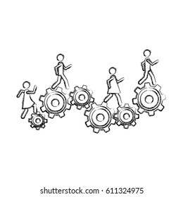 monochrome sketch of people and industry progress vector illustration