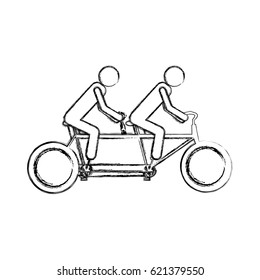 monochrome sketch pictogram of men in tandem bicycle vector illustration