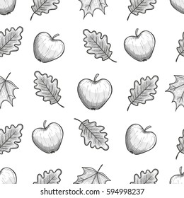 Monochrome sketch seamless pattern with apples and leaves. Vector.