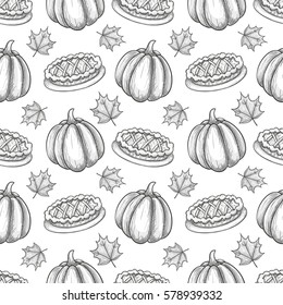 Monochrome sketch seamless pattern with pumpkin and leaves. Vector.