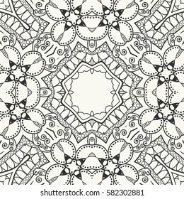 Monochrome sketch seamless pattern, stylized floral geometric ornament for painting. Doodle art for coloring book page, line art. Black and white tribal ethnic background