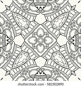 Monochrome sketch seamless pattern, stylized floral geometric ornament for painting. Doodle art for coloring book page, line art. Black and white tribal ethnic background