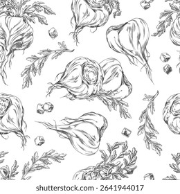 Monochrome sketch seamless wallpaper with maca root, foliage branches and square pieces. Organic Peruvian superfood. Healthy food and medicine. Hand drawn vector illustration. Isolated background.
