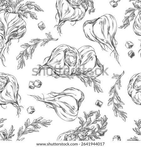 Monochrome sketch seamless wallpaper with maca root, foliage branches and square pieces. Organic Peruvian superfood. Healthy food and medicine. Hand drawn vector illustration. Isolated background.
