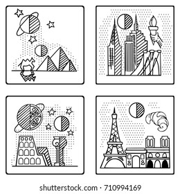 Monochrome Sketch Set of Doodle Logo of Egypt, Paris, New York, Rome. Vector doodle illustration.