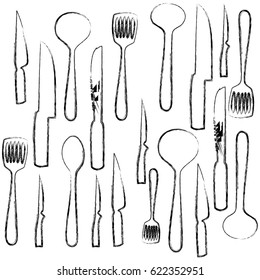 monochrome sketch of set of kitchen utensils vector illustration