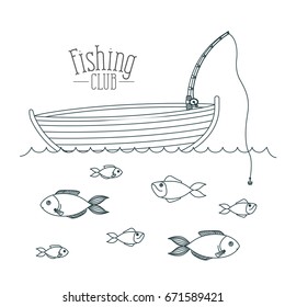 monochrome sketch silhouette boat fishing club and fish in the water vector illustration