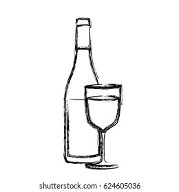 monochrome sketch silhouette with bottle of wine and glass vector illustration