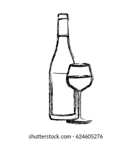 monochrome sketch silhouette with bottle of wine and burgundy glass vector illustration