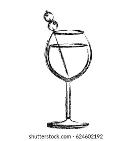 monochrome sketch silhouette of burgundy glass cocktail with olive fruit vector illustration