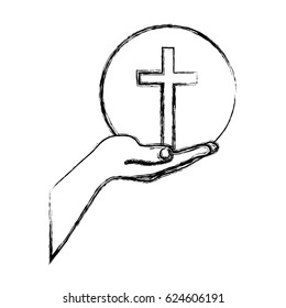 monochrome sketch silhouette of hand extended with sphere with cross symbol vector illustration