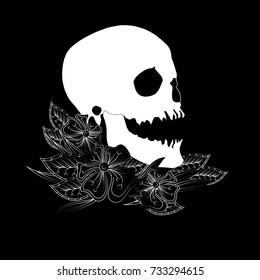 Monochrome sketch of skull and flowers stock vector illustration