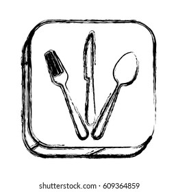 monochrome sketch of square button with cutlery set vector illustration