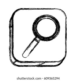 monochrome sketch of square button with magnifying glass vector illustration