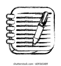monochrome sketch of square button with spiral notebook and pen vector illustration