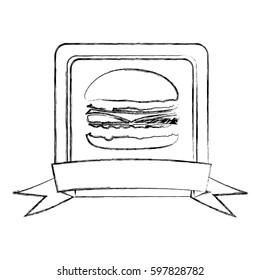 monochrome sketch of square frame with ribbon and burger vector illustration