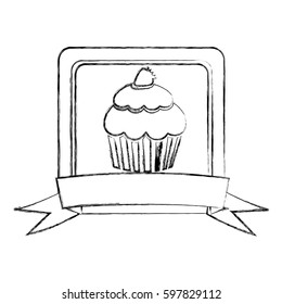 monochrome sketch of square frame with ribbon and cupcake vector illustration