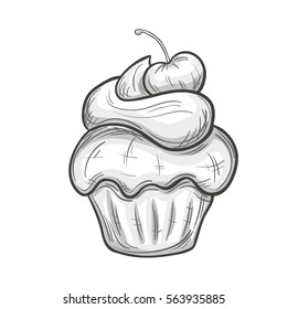 Monochrome sketch style illustration of cupcake with cream on white background. Vector.