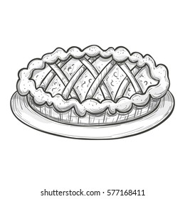 Monochrome sketch style illustration of pie, traditional christmas and thanksgiving food. Vector.