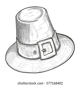 Monochrome sketch style illustration of pilgrim hat with buckle, Thanksgiving Day symbol. Vector.