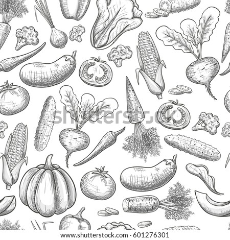 Monochrome sketch style seamless pattern of vegetables . Eco organic fresh template with vegetables for the decoration of menu. Vector.