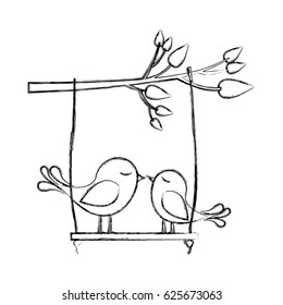 monochrome sketch of tree branch with swing and couple of birds vector illustration