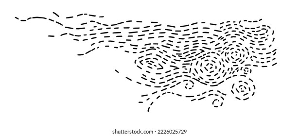 Monochrome sketches or drawings of dashed lines forming images, waves, and circles. Isolated minimalist artwork, waves and curves. Visual or optic illusion. Vector in flat style illustration