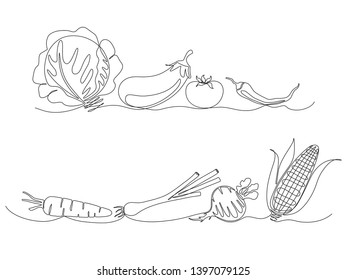 monochrome sketchy collection of different veggies - onion, beet, pepper, tomato, eggplant drawn with one line.