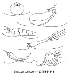 monochrome sketchy collection of onion, beet, pepper, tomato, eggplant drawn with one line.