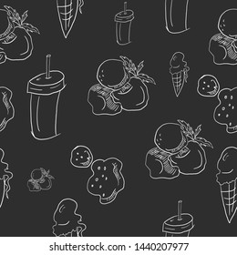 monochrome sketchy seamless pattern with different sweets - ice cream, cocktail, cookies and so on.