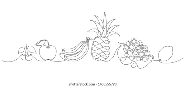 monochrome sketchy set of banana, grapes, pineapple, lemon, apple, cherry drawn with one line.