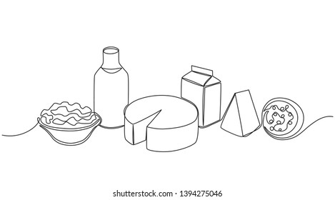 monochrome sketchy set of dairy products created in continuous line style.